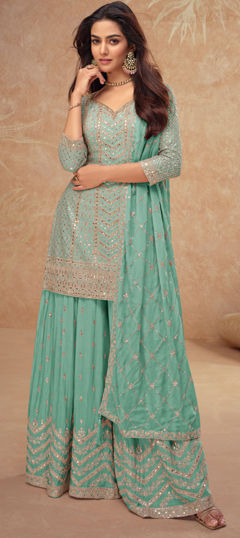 Blue color Salwar Kameez in Silk fabric with Embroidered, Sequence, Thread work