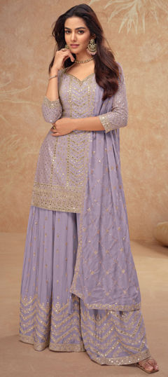 Purple and Violet color Salwar Kameez in Silk fabric with Embroidered, Sequence, Thread work