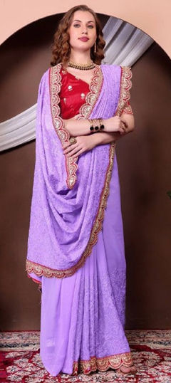 Purple and Violet color Saree in Georgette fabric with Border, Embroidered, Sequence work