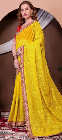 Yellow color Saree in Georgette fabric with Border, Embroidered, Sequence work