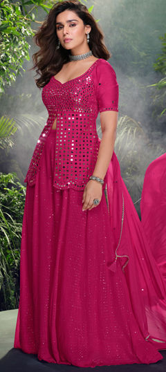 Pink and Majenta color Salwar Kameez in Silk fabric with Embroidered, Mirror, Sequence work