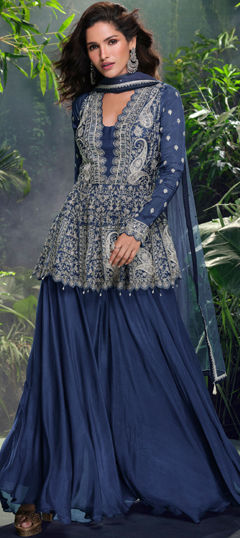 Blue color Salwar Kameez in Silk fabric with Embroidered, Mirror, Sequence work