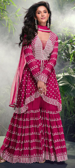 Pink and Majenta color Salwar Kameez in Silk fabric with Embroidered, Mirror, Sequence work