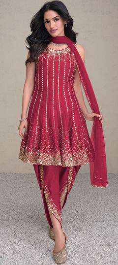 Pink and Majenta color Salwar Kameez in Silk fabric with Embroidered, Sequence, Thread work