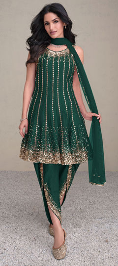 Green color Salwar Kameez in Silk fabric with Embroidered, Sequence, Thread work