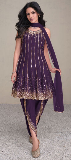 Purple and Violet color Salwar Kameez in Silk fabric with Embroidered, Sequence, Thread work