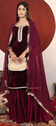 Red and Maroon color Salwar Kameez in Velvet fabric with Embroidered, Sequence, Thread, Zari work