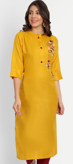 Yellow color Kurti in Blended Cotton fabric with Embroidered, Resham, Thread work