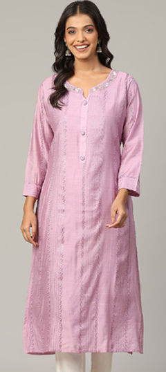 Pink and Majenta color Kurti in Chanderi Silk fabric with Embroidered, Sequence, Thread work