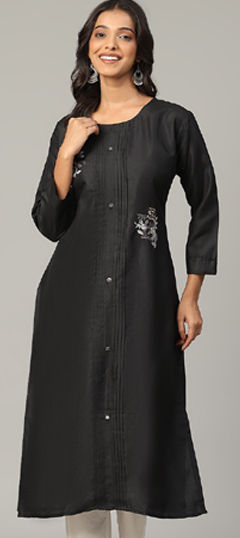 Black and Grey color Kurti in Blended Cotton fabric with Embroidered, Sequence, Thread work