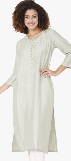 White and Off White color Kurti in Viscose fabric with Bugle Beads, Cut Dana work