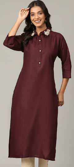 Red and Maroon color Kurti in Blended Cotton fabric with Bugle Beads, Sequence work