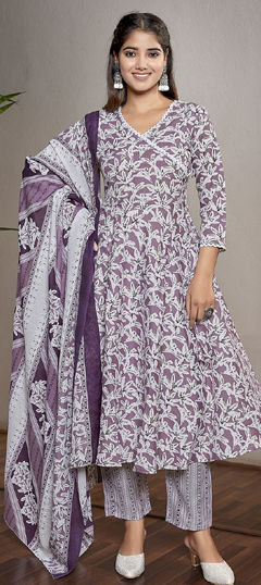 Purple and Violet, White and Off White color Salwar Kameez in Blended Cotton fabric with Printed work