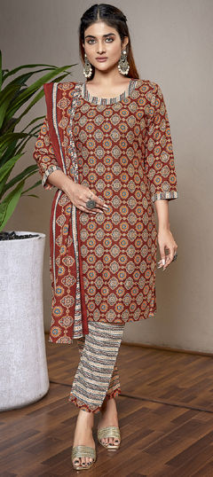 Beige and Brown color Salwar Kameez in Blended Cotton fabric with Printed work
