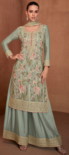 Green color Salwar Kameez in Georgette fabric with Embroidered, Resham, Sequence, Thread, Zari work