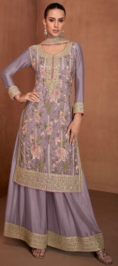 Purple and Violet color Salwar Kameez in Georgette fabric with Embroidered, Resham, Sequence, Thread, Zari work