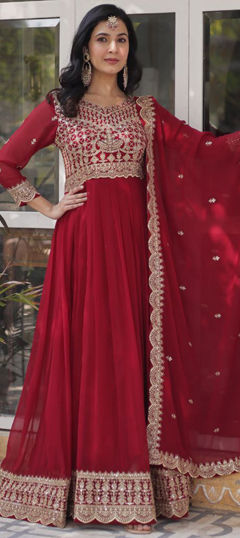 Red and Maroon color Gown in Georgette fabric with Embroidered, Sequence, Thread, Zari work