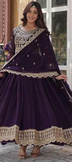 Purple and Violet color Gown in Georgette fabric with Embroidered, Sequence, Thread, Zari work