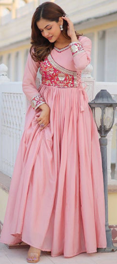 Pink and Majenta color Gown in Silk fabric with Embroidered, Sequence, Thread work