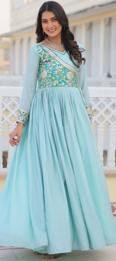 Blue color Gown in Silk fabric with Embroidered, Sequence, Thread work