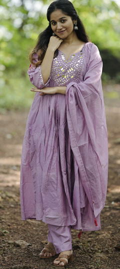 Purple and Violet color Salwar Kameez in Chanderi Silk fabric with Mirror, Thread work