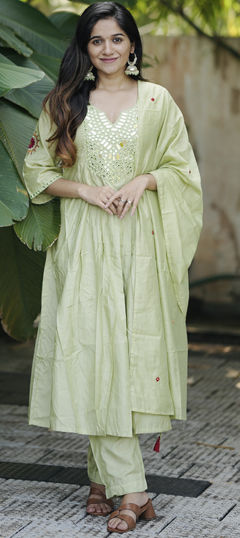 Green color Salwar Kameez in Chanderi Silk fabric with Mirror, Thread work