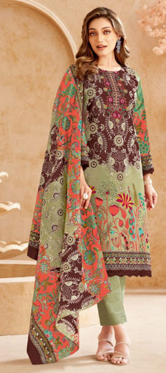 Green, Red and Maroon color Salwar Kameez in Cotton fabric with Lace, Printed work