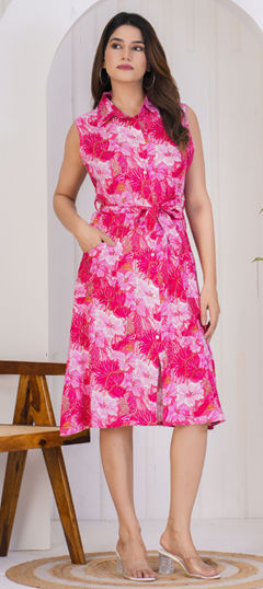 Pink and Majenta color Dress in Rayon fabric with Printed work