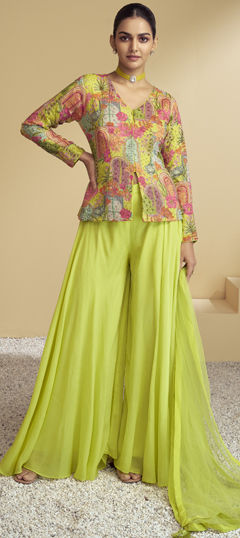 Green color Salwar Kameez in Silk fabric with Cut Dana, Floral, Printed, Sequence work