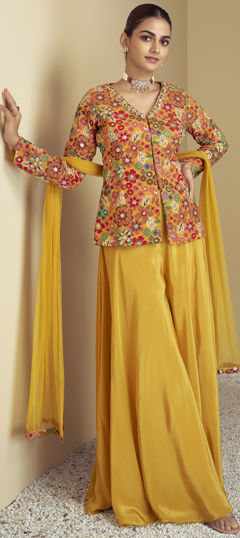 Yellow color Salwar Kameez in Silk fabric with Printed, Sequence, Thread work