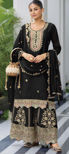 Black and Grey color Salwar Kameez in Chiffon fabric with Embroidered, Mirror, Sequence, Thread, Zari work