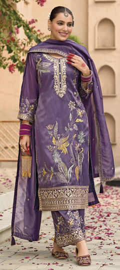 Purple and Violet color Salwar Kameez in Shimmer fabric with Embroidered, Resham, Sequence, Thread work