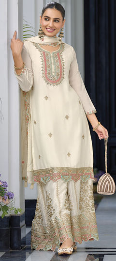 White and Off White color Salwar Kameez in Chiffon fabric with Embroidered, Mirror, Sequence, Thread, Zari work