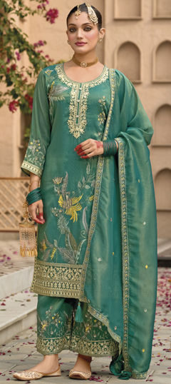 Green color Salwar Kameez in Shimmer fabric with Embroidered, Resham, Sequence, Thread work