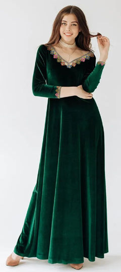 Green color Gown in Velvet fabric with Lace work