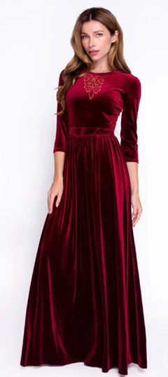 Red and Maroon color Gown in Velvet fabric with Embroidered work