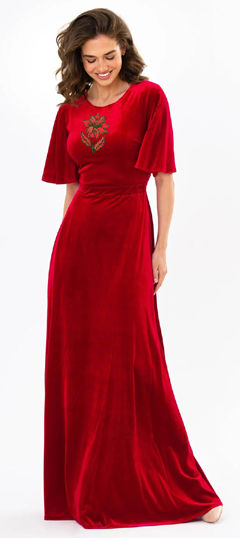 Red and Maroon color Gown in Velvet fabric with Embroidered work