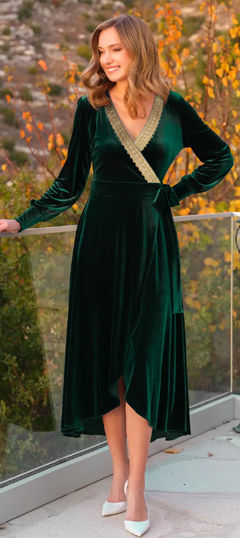 Green color Dress in Velvet fabric with Lace work