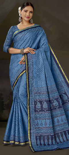 Blue color Saree in Cotton fabric with Printed work