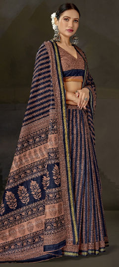 Blue color Saree in Cotton fabric with Printed work