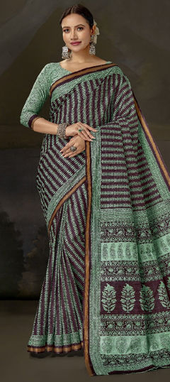 Black and Grey, Green color Saree in Cotton fabric with Printed work