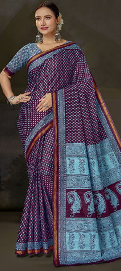 Blue, Purple and Violet color Saree in Cotton fabric with Printed work