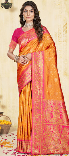 Orange color Saree in Art Silk fabric with Weaving, Zari work