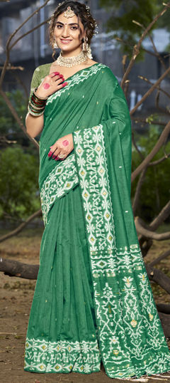 Green color Saree in Cotton fabric with Printed work