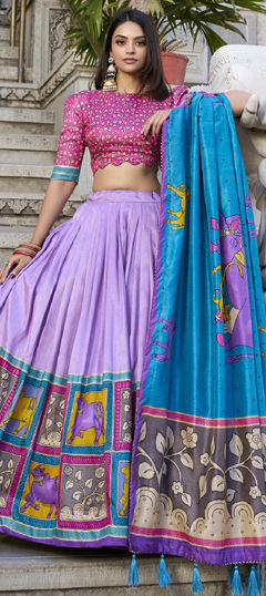 Purple and Violet color Lehenga in Tussar Silk fabric with Printed work