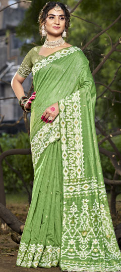 Green color Saree in Cotton fabric with Printed work