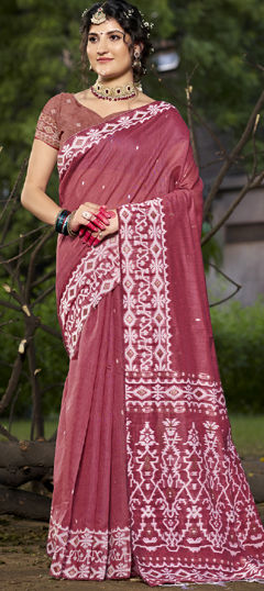 Pink and Majenta color Saree in Cotton fabric with Printed work