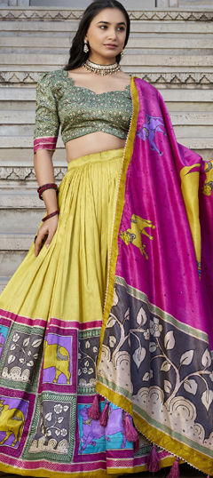 Yellow color Lehenga in Tussar Silk fabric with Printed work