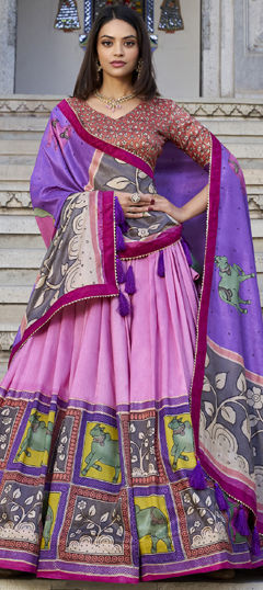 Pink and Majenta color Lehenga in Tussar Silk fabric with Printed work