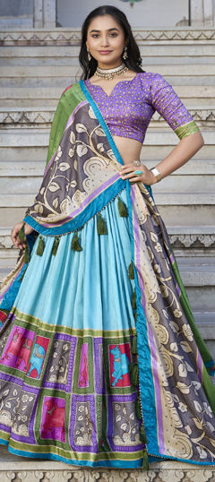 Blue color Lehenga in Tussar Silk fabric with Printed work